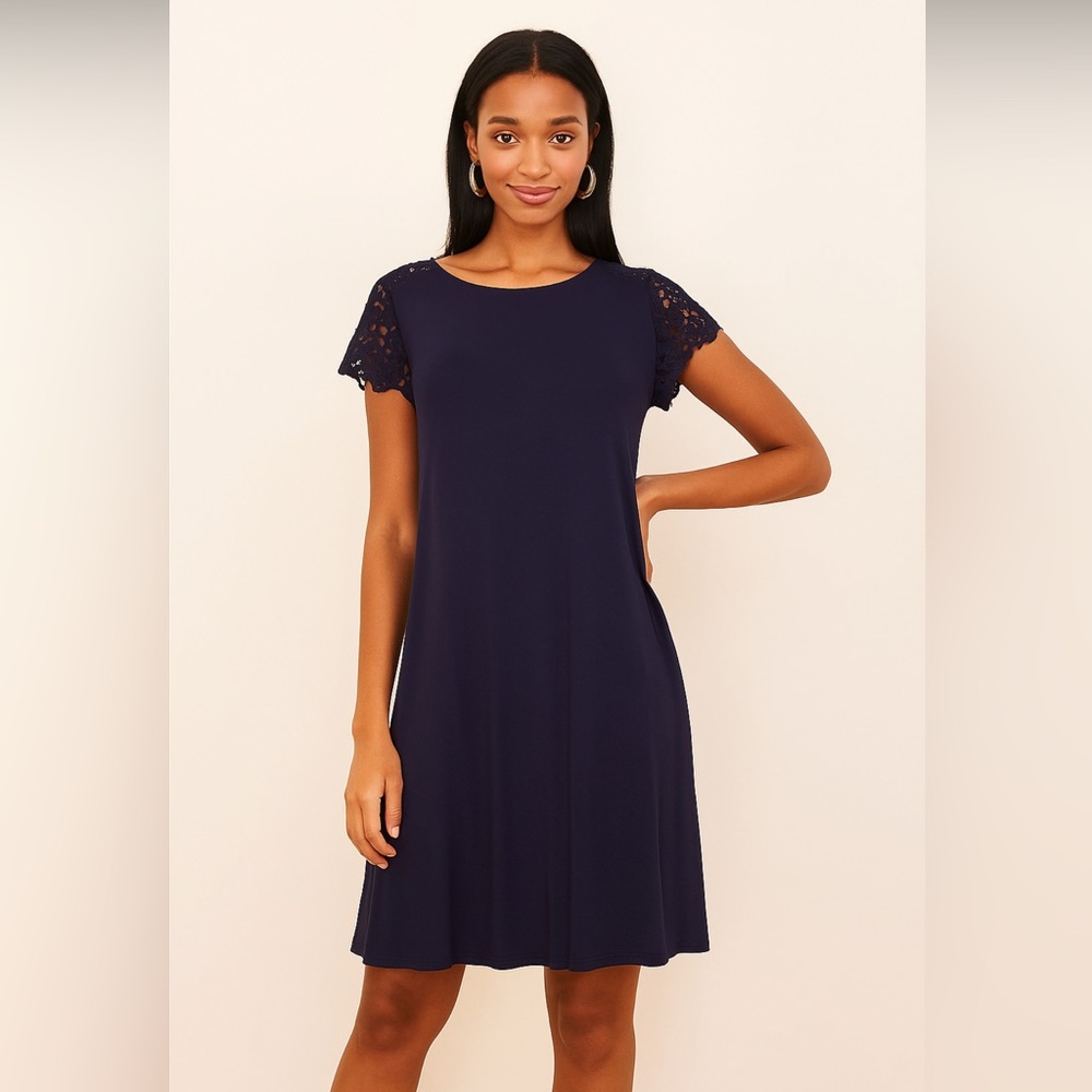 LOFT Navy Blue Maxi Dress with Lace Sleeves
